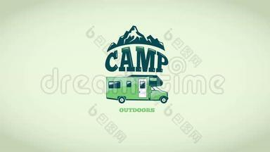 带迷你面包车和山的视频营地标志